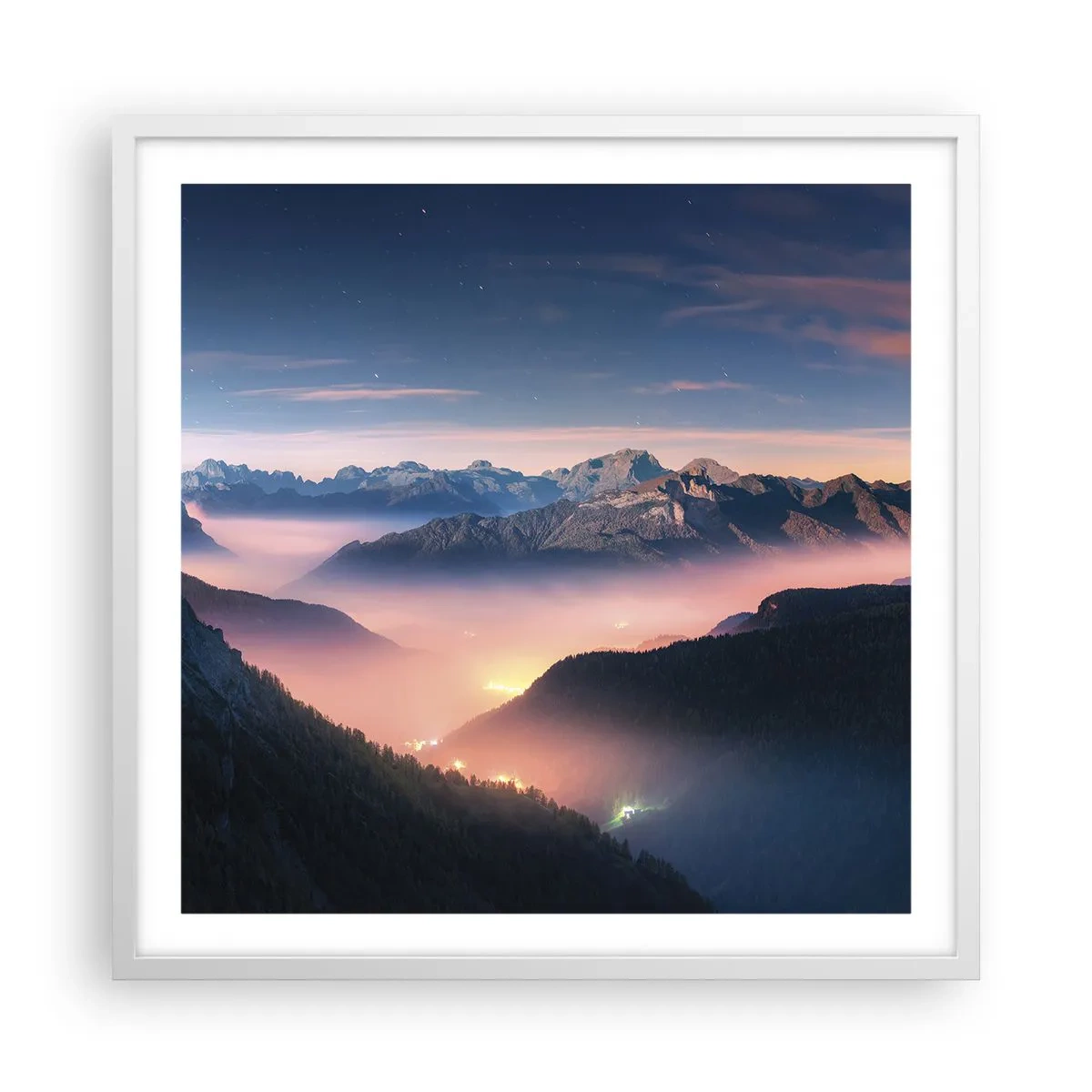 Plagát v bielom ráme - Svetlo v údoliach - 60x60 cm