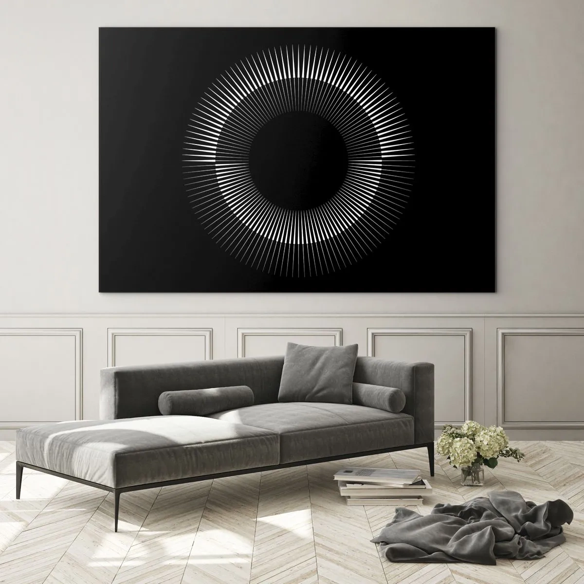 Obraz na skle - Biele lúče tvoriace kruh na čiernom pozadí - 70x50cm - Čierne slnko - Moderná nástenná dekorácia do obývacej izby a spálne ARTTOR