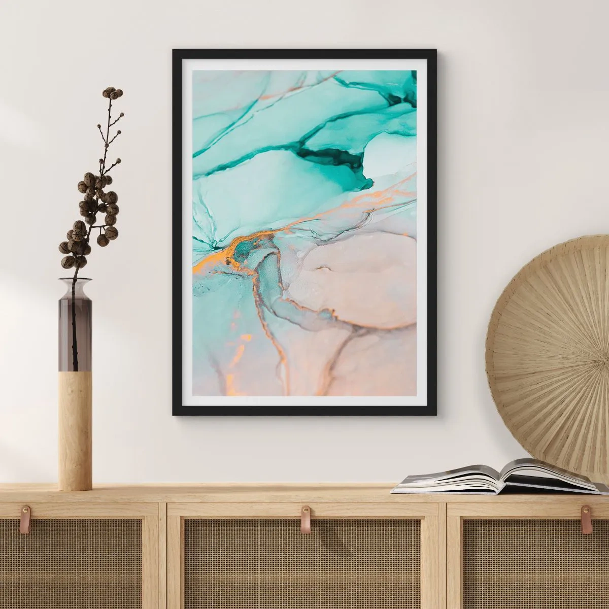 Plagát v čiernom ráme - Abstraktná kompozícia v odtieňoch tyrkysovej a zlatej. - 50x70cm - Tanec tvarov a farieb - Moderná nástenná dekorácia do obývacej izby a spálne ARTTOR