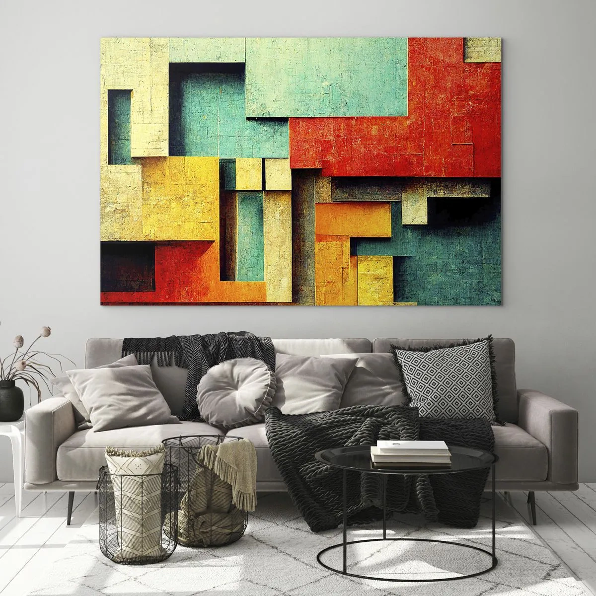 Obraz na skle - Farebná geometrická abstrakcia vyrobená z obdĺžnikov - 70x50cm - Festival pravých uhlov - Moderná nástenná dekorácia do obývacej izby a spálne ARTTOR