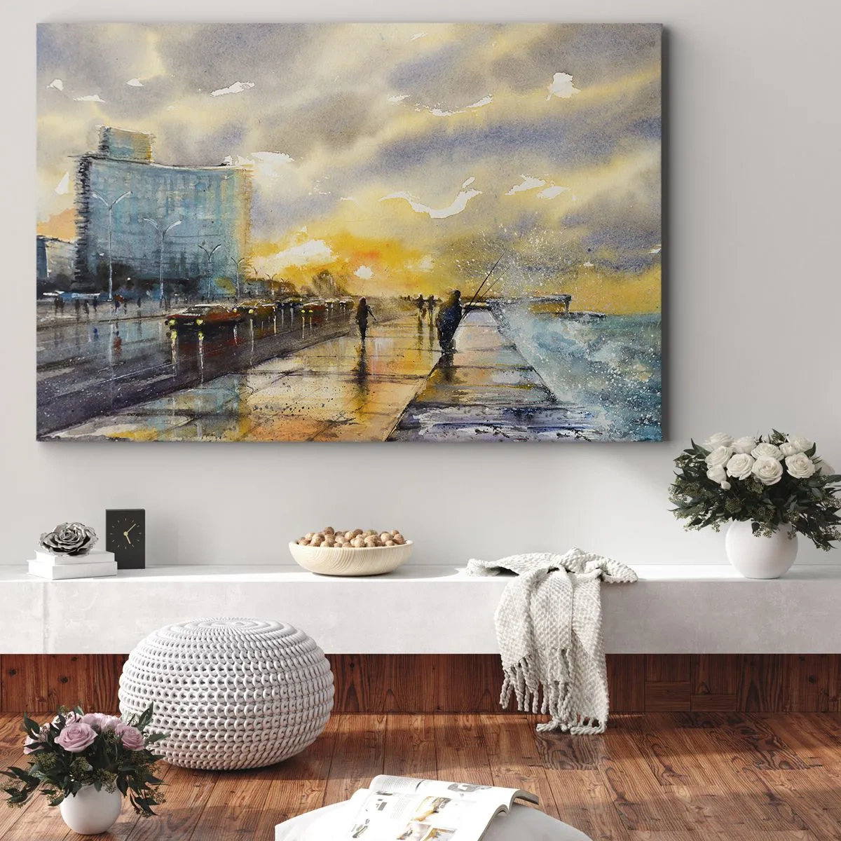Obraz na plátne - Malebný výhľad na prímorskú promenádu pri západe slnka - 70x50cm - Život na pobreží - Moderná nástenná dekorácia do obývacej izby a spálne ARTTOR