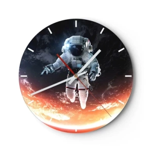 Nástenné hodiny - Astronaut vznášajúci sa vo vesmíre s výhľadom na Zem - 30x30cm - Môžem zostať ešte chvíľku? - Moderná nástenná dekorácia do obývacej izby, kuchyne a spálne ARTTOR