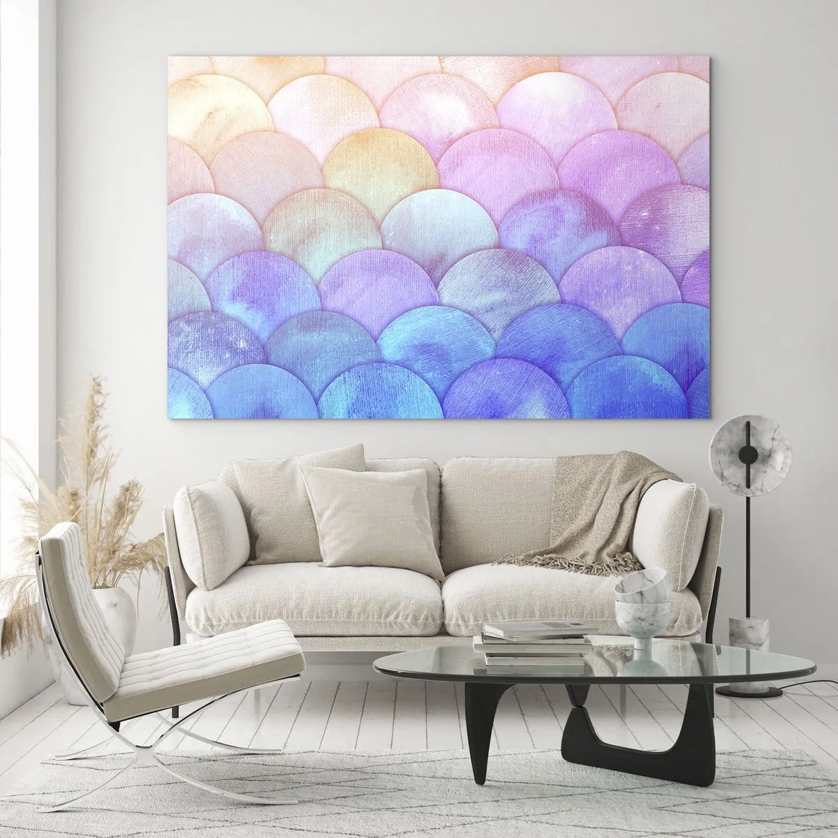 Obraz na skle - Perlové šupiny v pastelových odtieňoch ružovej, modrej a fialovej - 70x50cm - Perleťová šupina - Moderná nástenná dekorácia do obývacej izby a spálne ARTTOR
