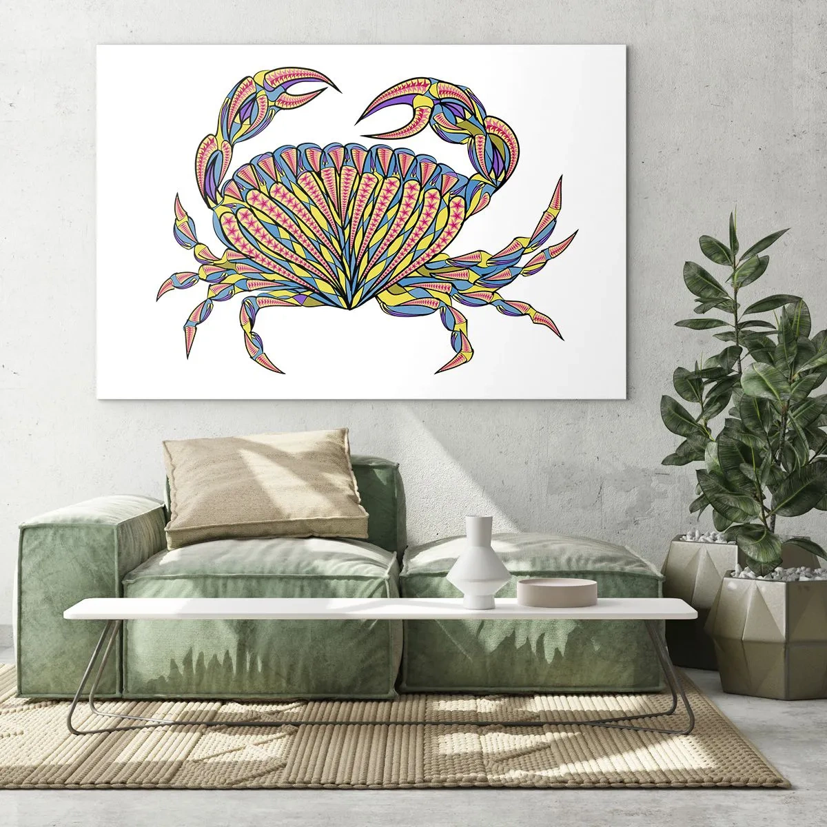 Obraz na skle - Ilustrácia farebného kraba v geometrickom štýle - 70x50cm - Morské klenoty - Moderná nástenná dekorácia do obývacej izby a spálne ARTTOR