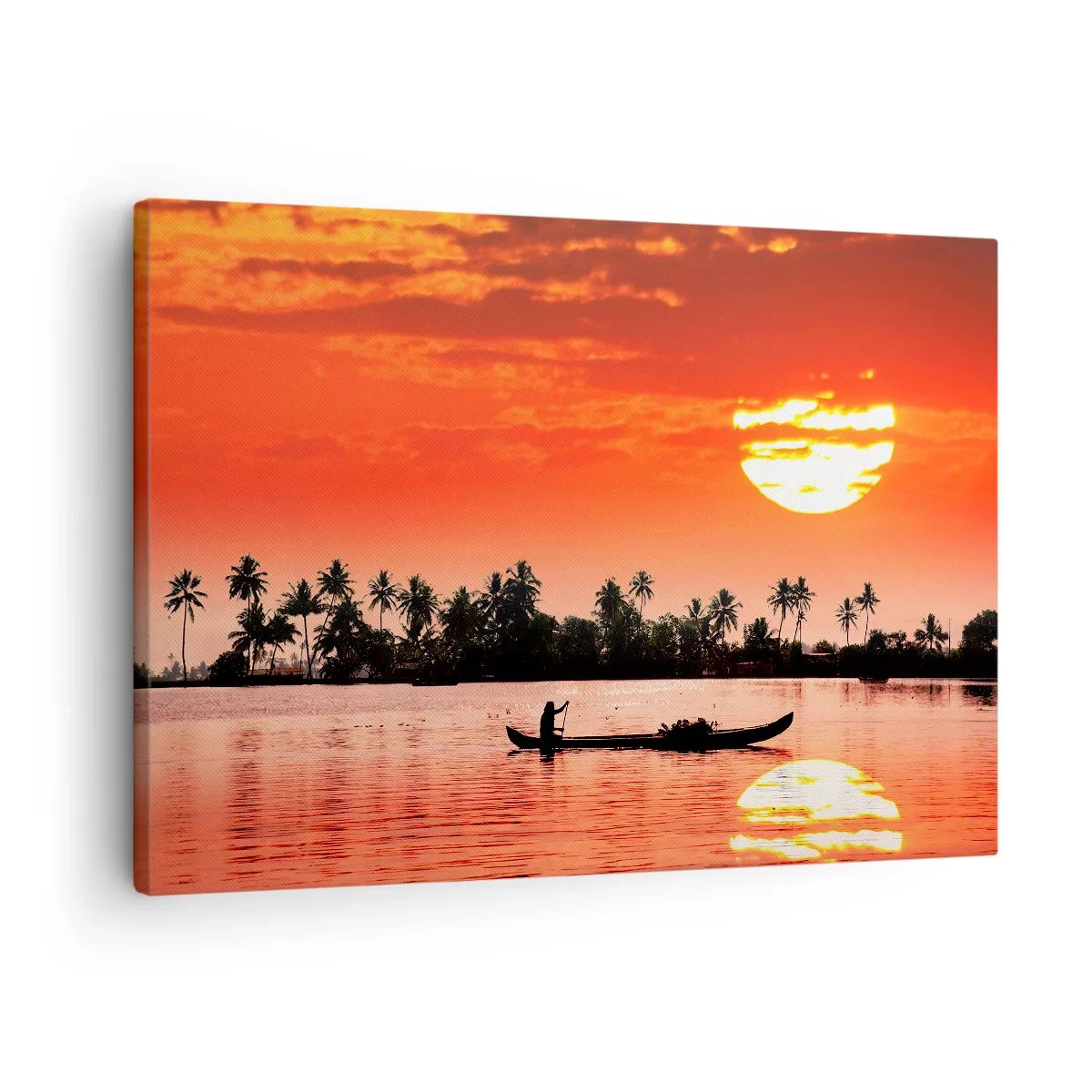 Obraz na plátne - Tropický západ slnka s loďou a palmami v pozadí - 70x50cm - Pokoj trópov pri západe - Moderná nástenná dekorácia do obývacej izby a spálne ARTTOR