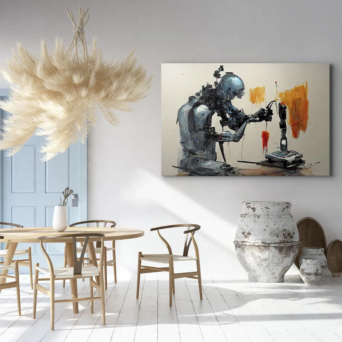 Obraz na plátne - Robot pri práci s abstraktným pozadím - 70x50cm - Už zajtra… - Moderná nástenná dekorácia do obývacej izby a spálne ARTTOR