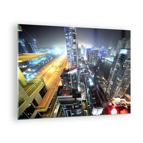Obraz na skle - Panoráma nočného mesta s osvetlenými mrakodrapmi - 70x50cm - Zázrak na púšti - Moderná nástenná dekorácia do obývacej izby a spálne ARTTOR