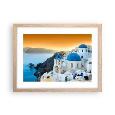 Plagát v ráme zo svetlého duba - Santorini - v náruči skál - 40x30 cm