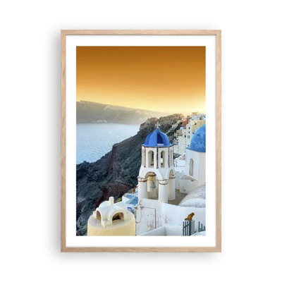 Plagát v ráme zo svetlého duba - Santorini - v náruči skál - 50x70 cm