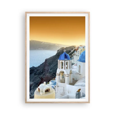 Plagát v ráme zo svetlého duba - Santorini - v náruči skál - 70x100 cm