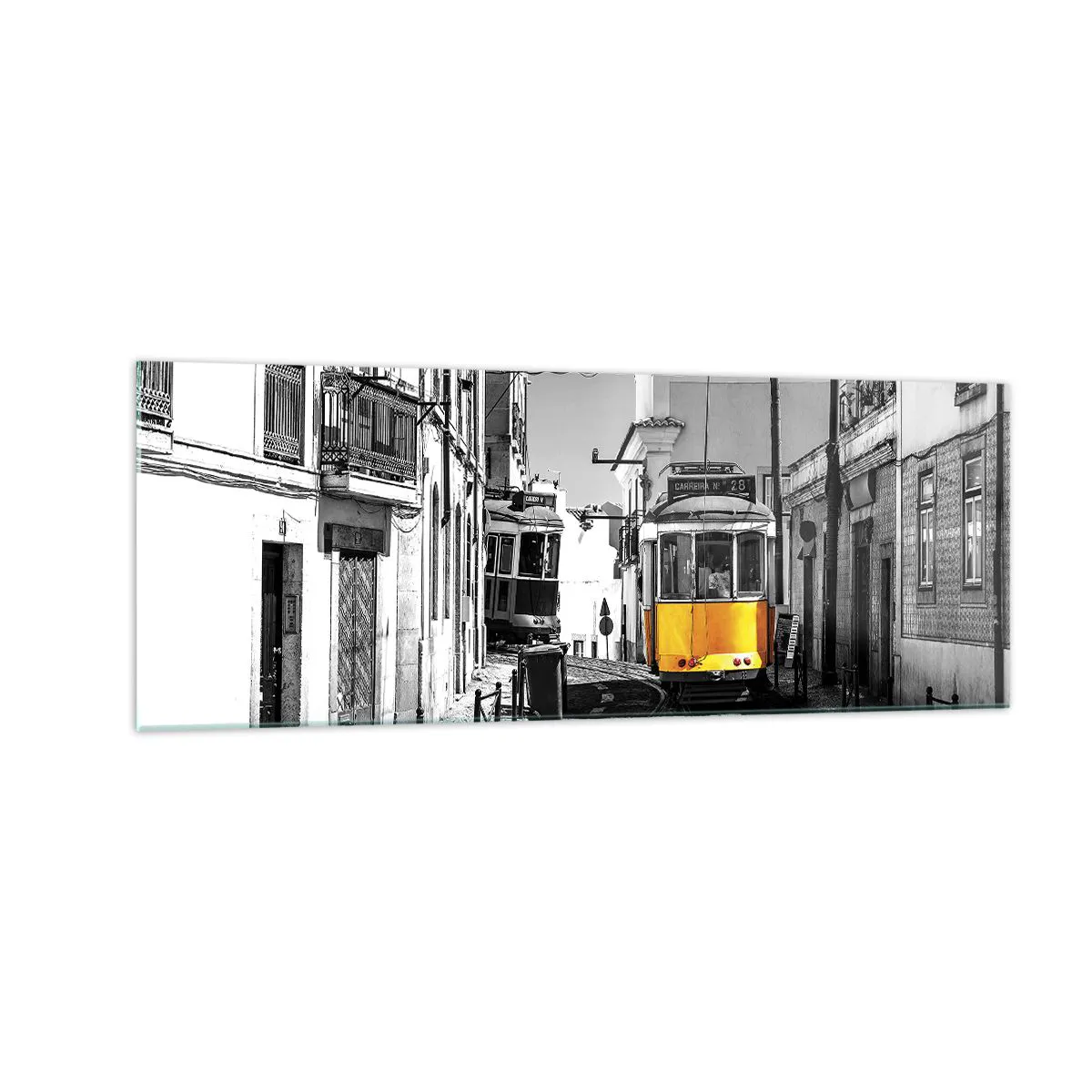 Obraz na skle Arttor 140x50 cm - Duch Lisabonu - Mesto, Lisabon, Architektúra, Električka, Portugalsko, Do obývacej izby, Do spálne, biela,  Čierna, Vodorovné, Sklo, GAB140x50-4977