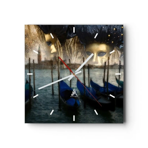 Nástenné hodiny, Hodiny Arttor 30x30 cm - Je čas začať karneval - Benátky, Masky, Mesto, Architektúra, Gondola, Štvorec, Ciferník čiarky, Do obývacej izby, Do spálne, Modrá, Zlatá, C3AC30x30-0250