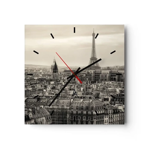 Nástenné hodiny, Hodiny Arttor 30x30 cm - Nad strechami Paríža - Mesto, Paríž, Architektúra, Eiffelova Veža, Sépia, Štvorec, Ciferník čiarky, Do obývacej izby, Do spálne, Sivá,  Čierna, C3AC30x30-3615