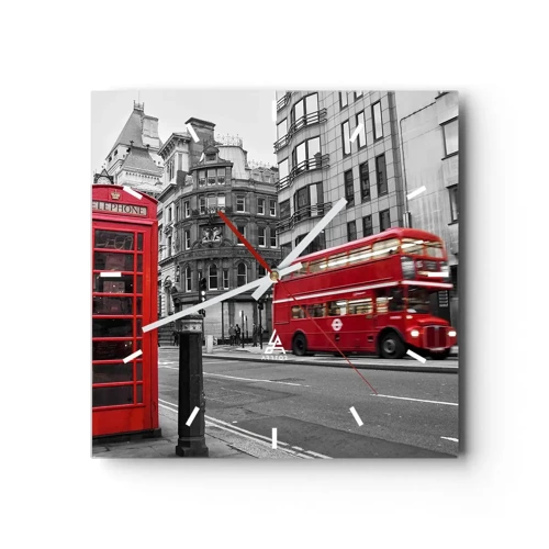 Nástenné hodiny, Hodiny Arttor 30x30 cm - Najčervenšie v Európe - Mesto, Londýn, Architektúra, Červený Autobus, Telefónna Búdka, Štvorec, Ciferník čiarky, Do obývacej izby, Do spálne, Sivá, Červená, C3AC30x30-2674