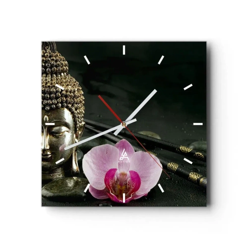 Nástenné hodiny, Hodiny Arttor 30x30 cm - Súlad múdrosti a krásy - Budha, Náboženstvo, Viera, Kvetina, Orchidea, Štvorec, Ciferník čiarky, Do obývacej izby, Do spálne, Ružová, Čierna, C3AC30x30-0145