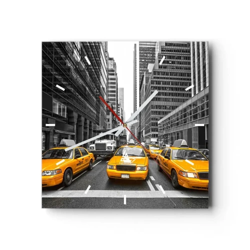Nástenné hodiny, Hodiny Arttor 30x30 cm - To my spestrujeme mesto - Mesto, New York, Architektúra, Taxi, Manhattan, Štvorec, Ciferník čiarky, Do obývacej izby, Do spálne, Žltá, Sivá, C3AC30x30-2695
