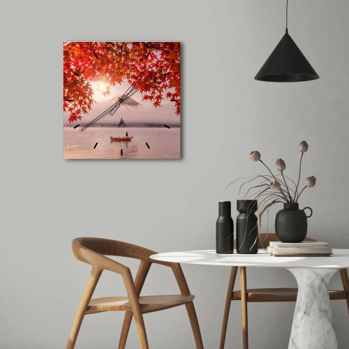 Nástenné hodiny, Hodiny Arttor 30x30 cm - V japonskom štýle - Krajina, Jazero, Japonsko, Hora Kawaguchiko, Červené Listy, Štvorec, Ciferník čiarky, Do obývacej izby, Do spálne, Červená, biela, C3AC30x30-4107