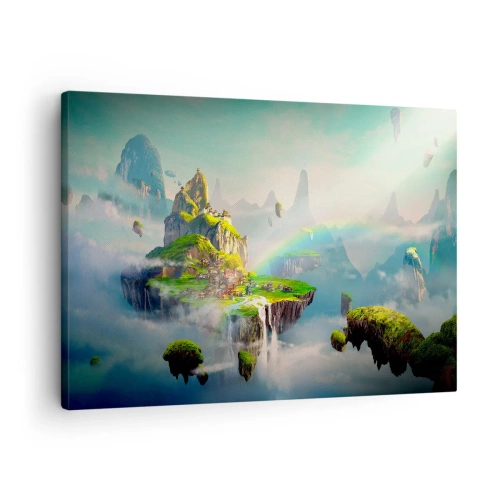 Obraz na plátne Arttor 70x50 cm - Uprostred neba - šťastné ostrovy - Fantastický, Abstrakcia, Krajina, Rainbow, Vodopád, Do obývacej izby, Do spálne, Zelená, Hnedá, Vodorovné, Plátno, AA70x50-3469