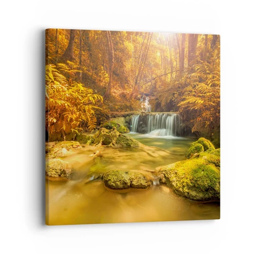 Obraz na plátne - Lesný vodopád v zlate - 40x40 cm