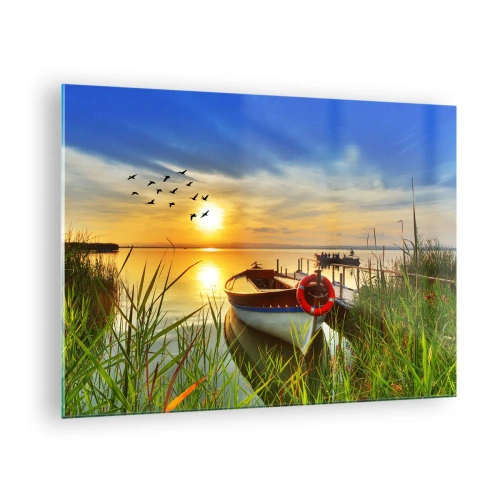 Obraz na skle Arttor 70x50 cm - Kormorány už odlietajú - Krajina, Jazero, Západ Slnka, Čln, Drevený Most, Do obývacej izby, Do spálne, Modrá, Zelená, Vodorovné, Sklo, GAA70x50-3053