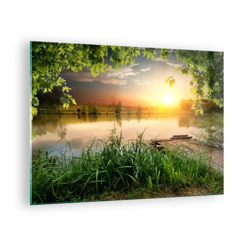 Obraz na skle Arttor 70x50 cm - Krajina v zelenom ráme - Krajina, Jazero, Drevený Most, Príroda, Západ Slnka, Do obývacej izby, Do spálne, Zelená, Hnedá, Vodorovné, Sklo, GAA70x50-3914