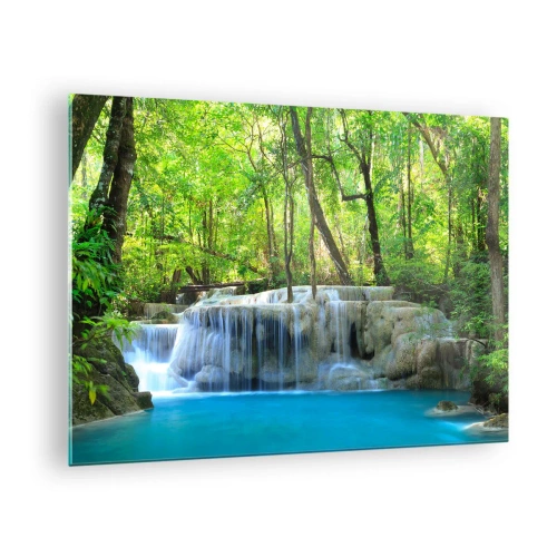 Obraz na skle Arttor 70x50 cm - Utopiť v tyrkyse a zeleni - Krajina, Vodopád, Cascade, Národný Park, Les, Do obývacej izby, Do spálne, Modrá, Zelená, Vodorovné, Sklo, GAA70x50-2664