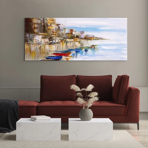 Obraz na skle - Viacfarebný mestský prístav - 100x40 cm