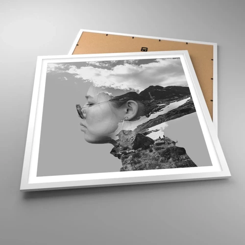 Plagát v bielom ráme - Povznešený portrét v oblakoch - 60x60 cm