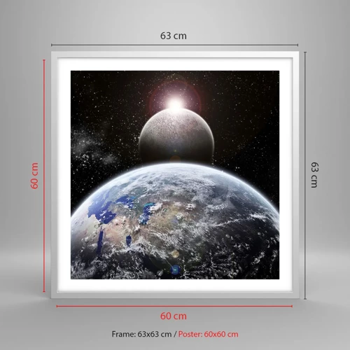 Plagát v bielom ráme - Vesmírna krajina - východ slnka - 60x60 cm