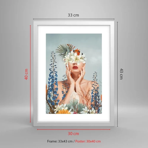 Plagát v bielom ráme - Žena – kvetina - 30x40 cm