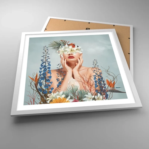 Plagát v bielom ráme - Žena – kvetina - 50x50 cm