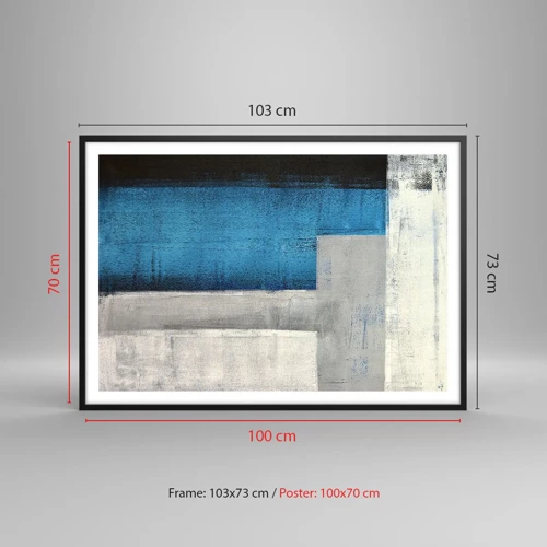 Plagát v čiernom ráme - Poetická kompozícia šedej a modrej - 100x70 cm