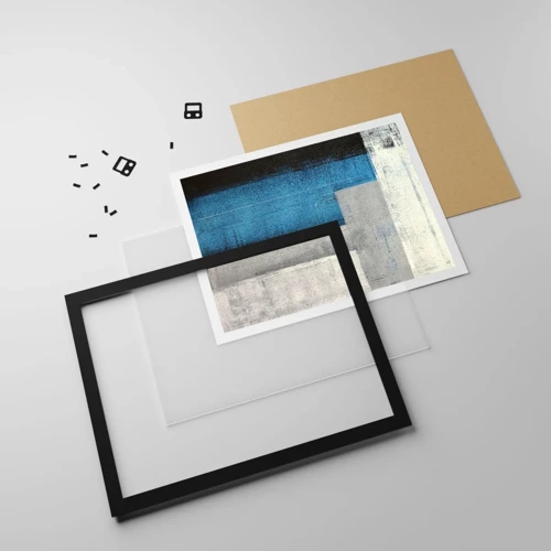 Plagát v čiernom ráme - Poetická kompozícia šedej a modrej - 40x30 cm