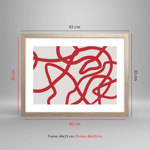 Plagát v ráme zo svetlého duba - Červené na bielom - 40x30 cm
