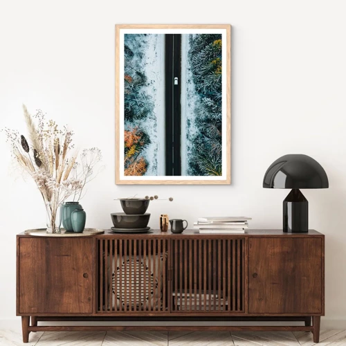 Plagát v ráme zo svetlého duba - Cez zimný les - 40x50 cm