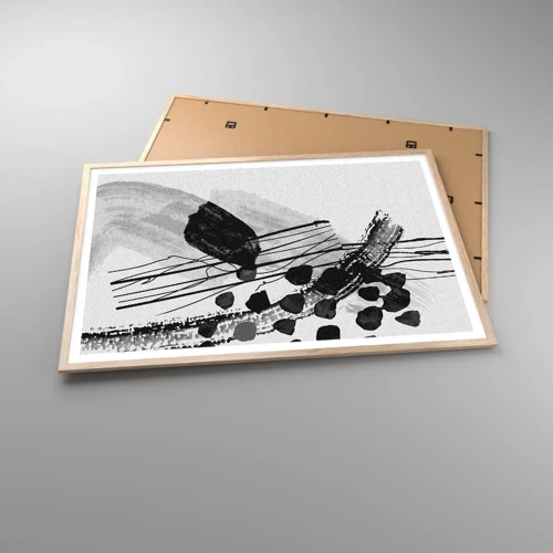 Plagát v ráme zo svetlého duba - Čiernobiela organická abstrakcia - 100x70 cm