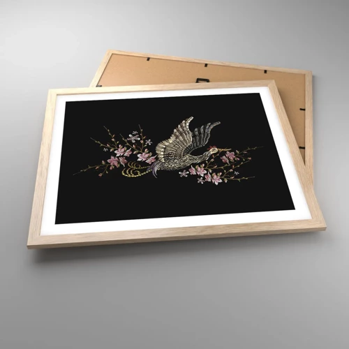 Plagát v ráme zo svetlého duba - Exotický vyšívaný vták - 50x40 cm