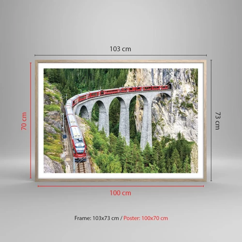 Plagát v ráme zo svetlého duba - Horský výhľad priamo z vlaku - 100x70 cm