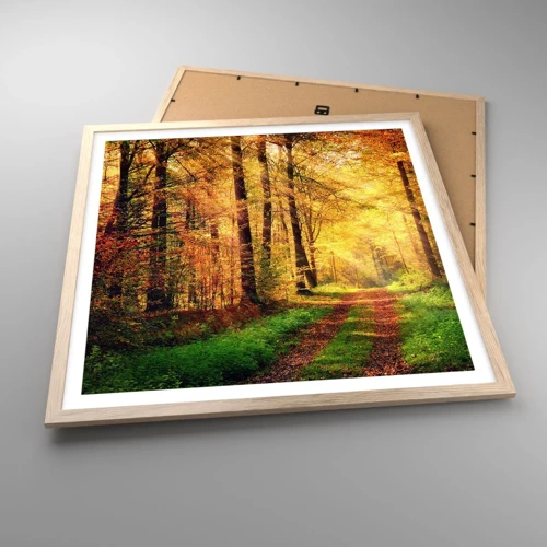 Plagát v ráme zo svetlého duba - Lesno-zlaté ticho - 60x60 cm