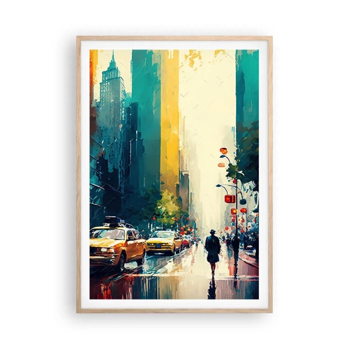 Plagát v ráme zo svetlého duba - New York – tu je aj dážď farebný - 70x100 cm