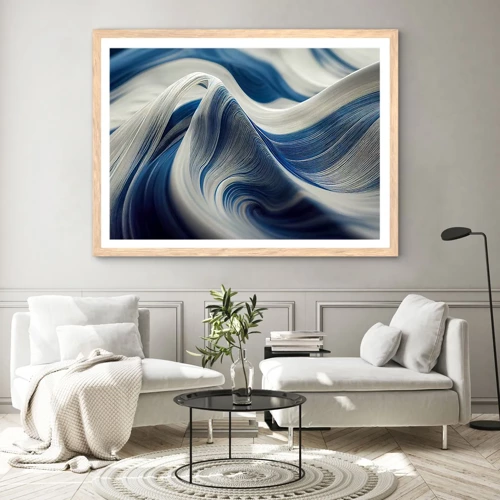Plagát v ráme zo svetlého duba - Plynulosť modrej a bielej - 100x70 cm
