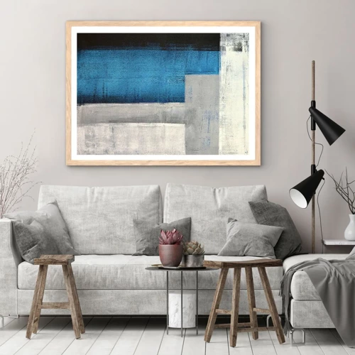 Plagát v ráme zo svetlého duba - Poetická kompozícia šedej a modrej - 100x70 cm