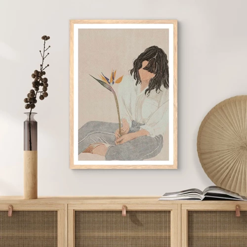Plagát v ráme zo svetlého duba - Portrét s exotickým kvetom - 30x40 cm