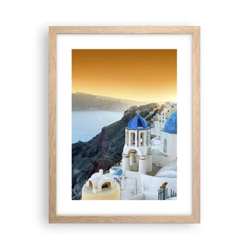 Plagát v ráme zo svetlého duba - Santorini - v náruči skál - 30x40 cm