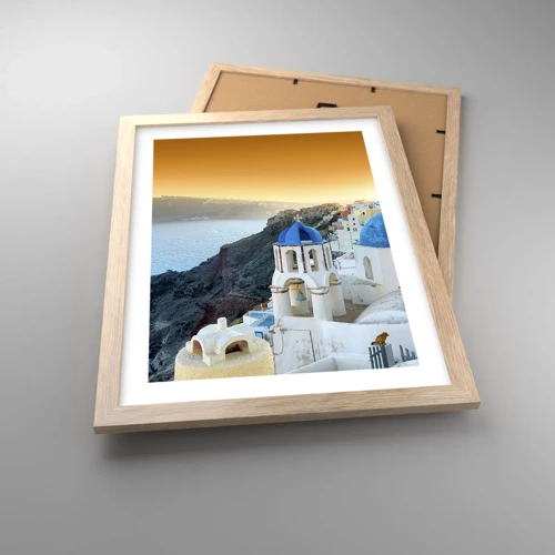 Plagát v ráme zo svetlého duba - Santorini - v náruči skál - 30x40 cm