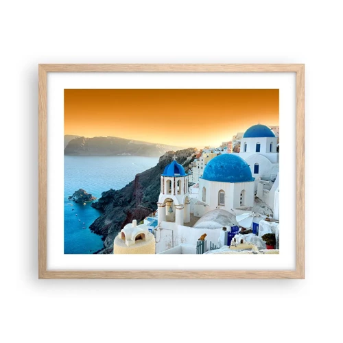 Plagát v ráme zo svetlého duba - Santorini - v náruči skál - 50x40 cm