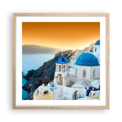 Plagát v ráme zo svetlého duba - Santorini - v náruči skál - 50x50 cm