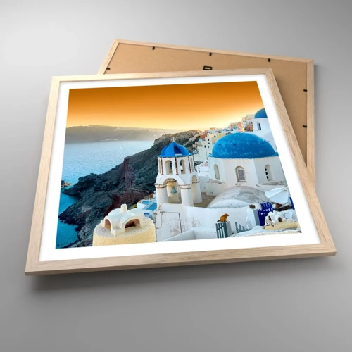 Plagát v ráme zo svetlého duba - Santorini - v náruči skál - 50x50 cm