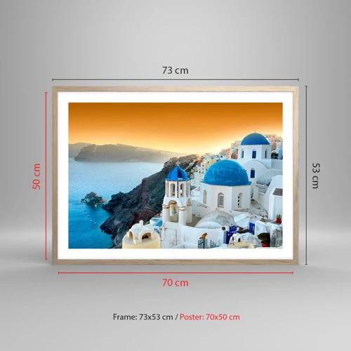Plagát v ráme zo svetlého duba - Santorini - v náruči skál - 70x50 cm