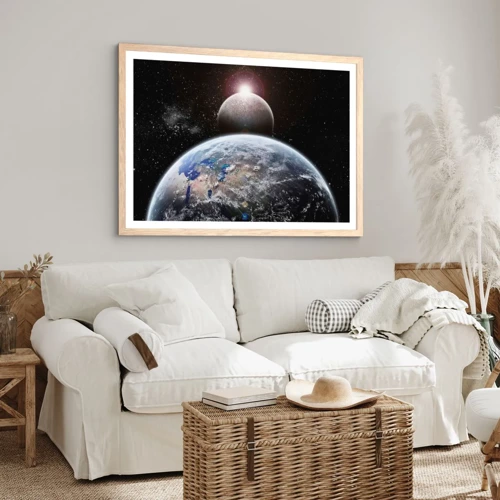 Plagát v ráme zo svetlého duba - Vesmírna krajina - východ slnka - 50x40 cm